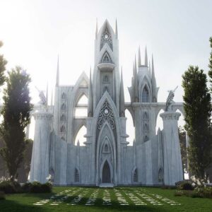 Medieval Fantasy Castle/Cathedral hidden in forest, Front View, Architecture Illustration, 3D Rendering