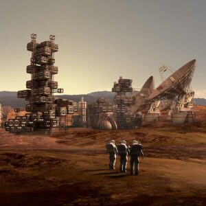Astronauts in a human settlement on a red planet
